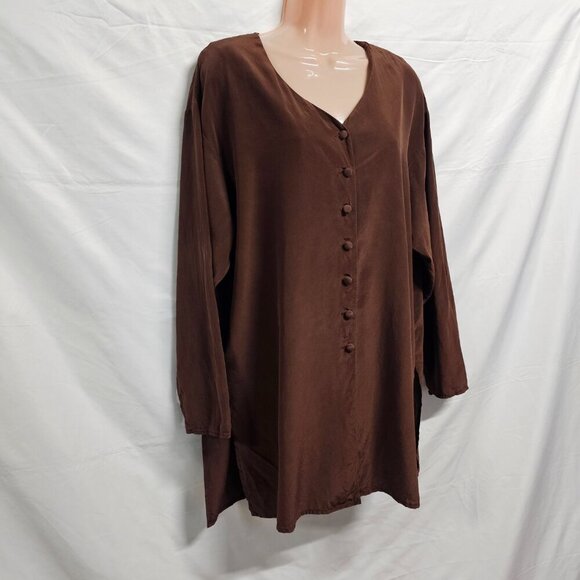 Diane Von Furstenberg Button Up Brown Satin Silk Top Blouse Shirt Women Size L - Picture 9 of 13